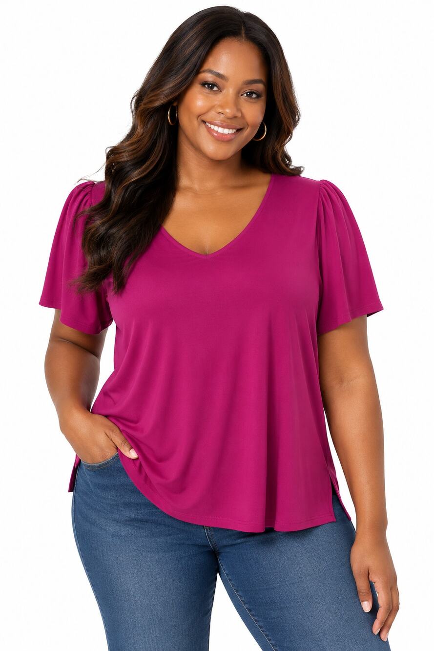 Susan Graver Women Large Magenta Liquid Knit V Neck Puff Sleeve Top